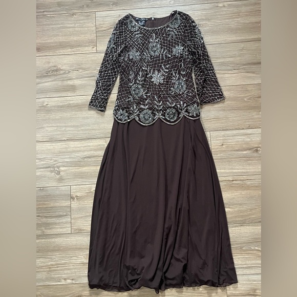 Pisarro Nights Brown and Silver Beaded Sheer Long Sleeve Gown 10 - Picture 3 of 13